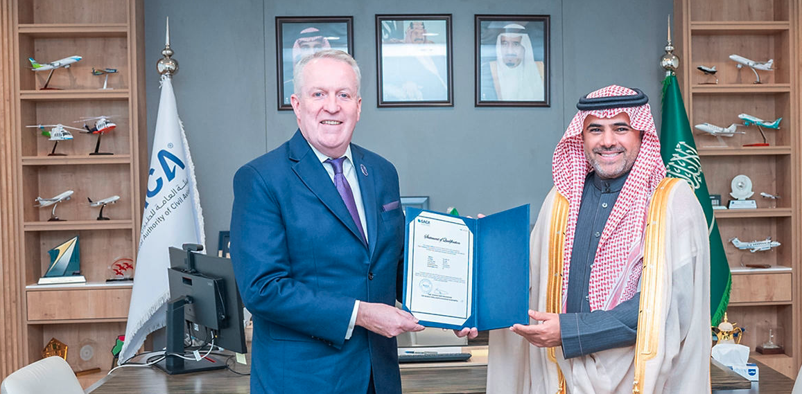Captain Sulaiman Al-Muhaimedi, GACA’s executive vice president for aviation safety and environmental sustainability, presented the operational certificate to Peter Bellew, chief operating officer at Riyadh Air. Supplied