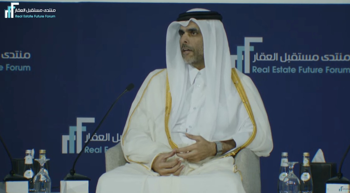 The president of the Real Estate Regulatory Authority-Aqarat, Khaled Al-Obaidli, speaks at the Real Estate Future Forum in Riyadh on Monday.