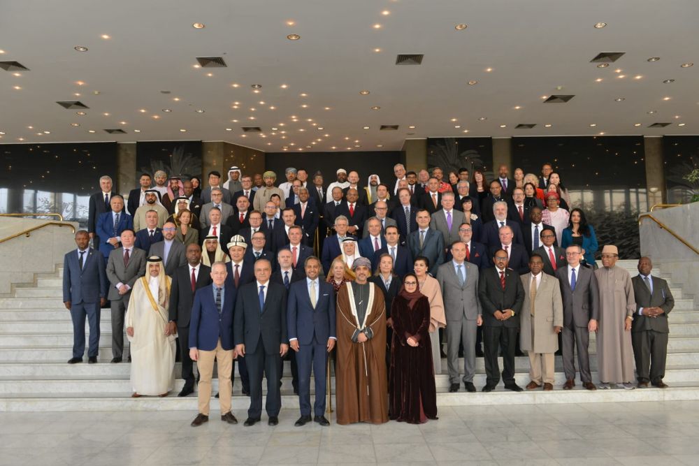 Ambassadors pose for a group photo as Dean of the Diplomatic Corps Dya-Eddine Said Bamakhrama presides over a farewell ceremony for outgoing ambassadors of the US, Egypt and Oman. (Supplied)