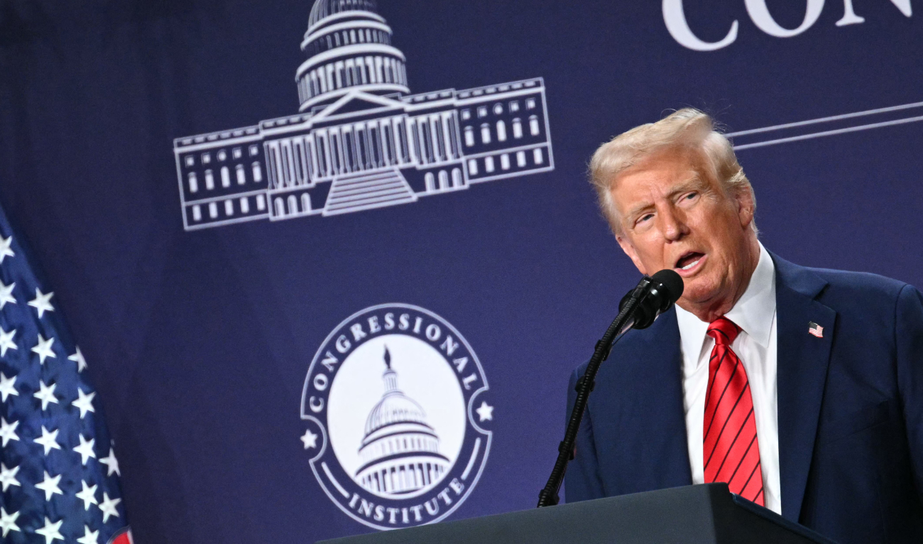 US President Donald Trump speaks at the House Republican Members Conference Dinner at Trump National Doral Miami, in Miami, Florida on January 27, 2025. (AFP)