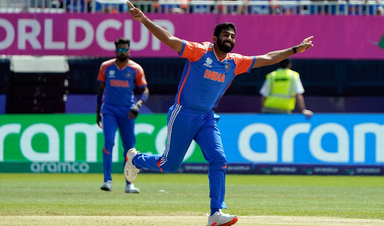 India’s Jasprit Bumrah celebrates after taking a wicket during the ICC men’s Twenty20 World Cup 2024 group A cricket match against Pakistan at Nassau County International Cricket Stadium in East Meadow, New York, on June 9, 2024. (AFP/File)