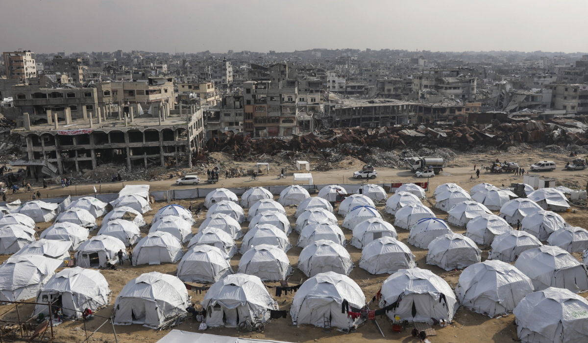 A tent camp for displaced Palestinians is set up amid destroyed buildings in Shijaiyah neighbourhood, Gaza City, Tuesday, Jan. 28, 2025. (AP)