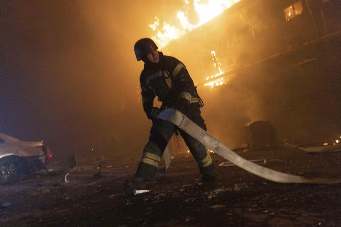 Firefighters extinguish a fire after a Russian attack on a civil factory in Kharkiv, Ukraine, on Tuesday, Jan. 28, 2025. (AP)