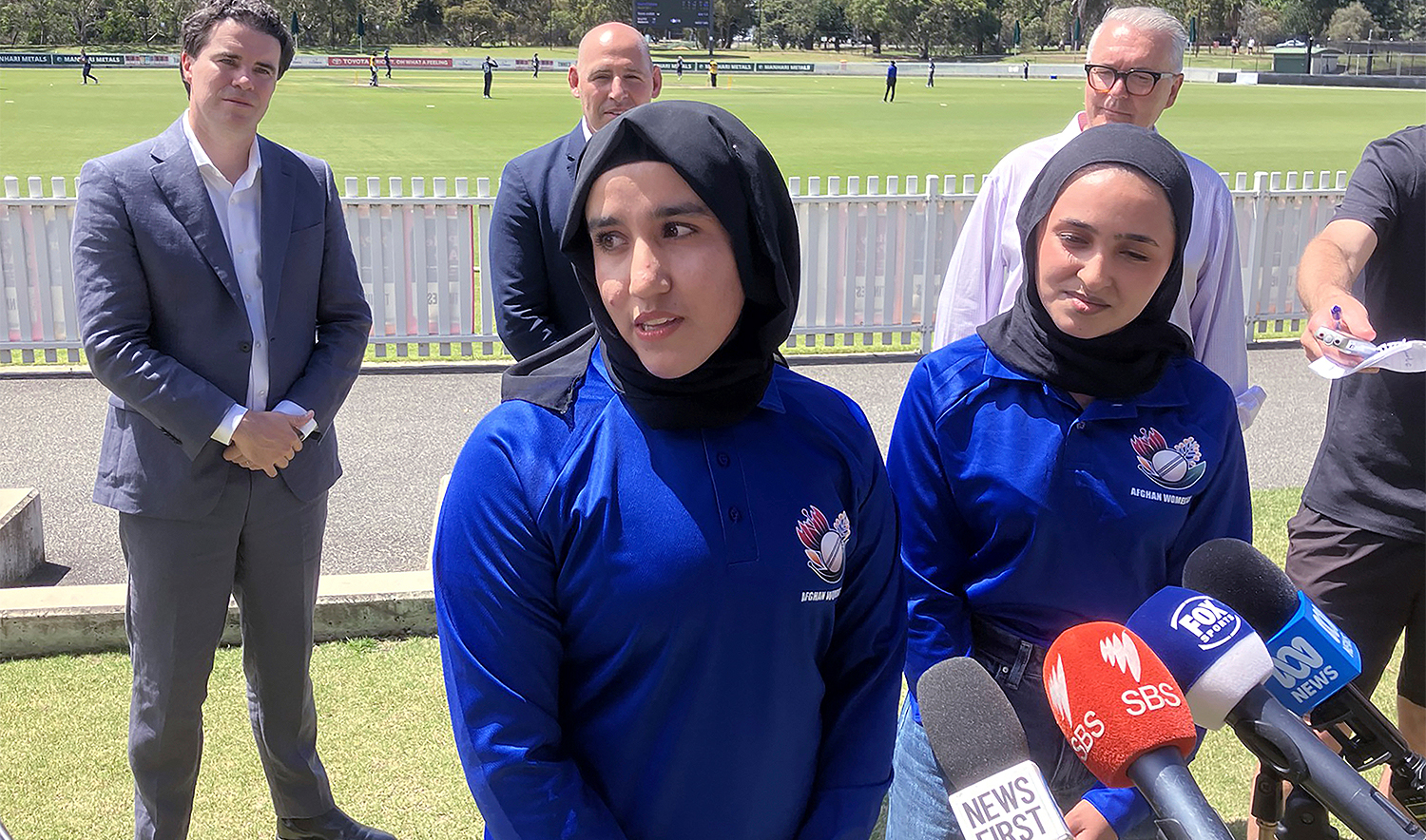 Afghan women cricketers Nahida Sapan, left, and Firooza Amiri speak to reporters at Junction Oval in Melbourne, Australia, on January 27, 2025. (AP)