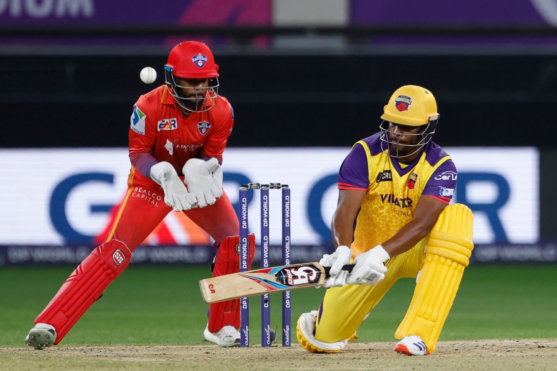 Johnson Charles of Sharjah Warriorz plays a shot during the DP World ILT20 win over the Dubai Capitals at the Dubai International Stadium. (Pankaj Nangia/ILT20)