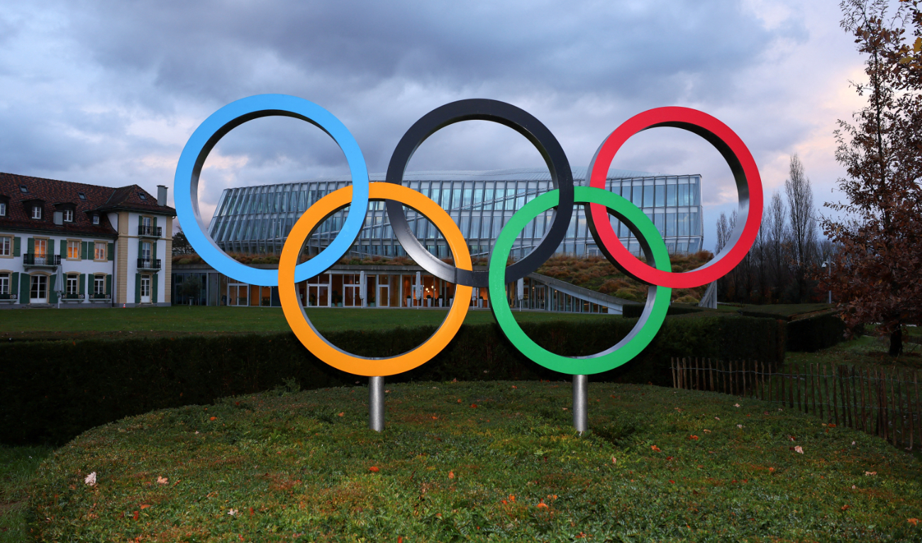 The Olympic rings symbol is displayed by the Olympic House, ahead of the Executive Board meeting of the International Olympic Committee in Lausanne on Dec. 3, 2024. (File/Reuters)