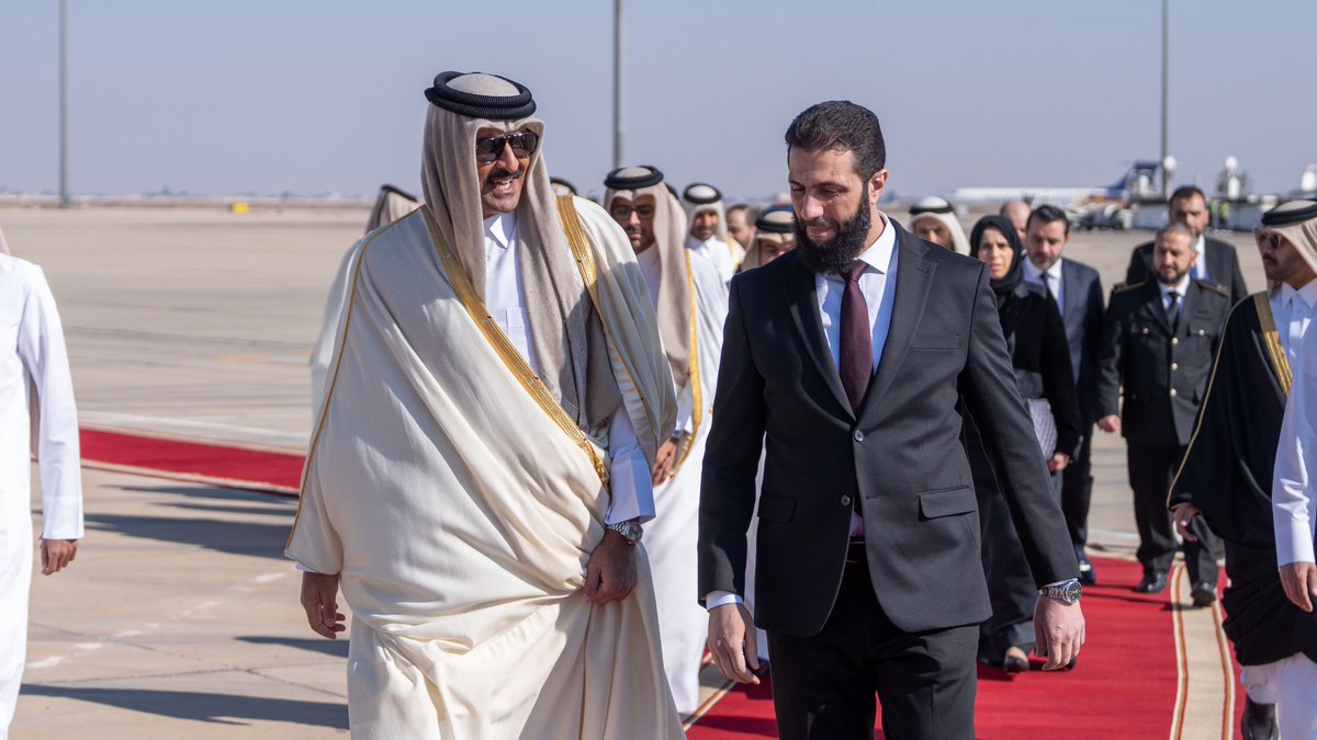 The Emir of Qatar, Sheikh Tamim bin Hamad Al-Thani and Ahmed Al-Sharaa, the interim president of Syria. (QNA)
