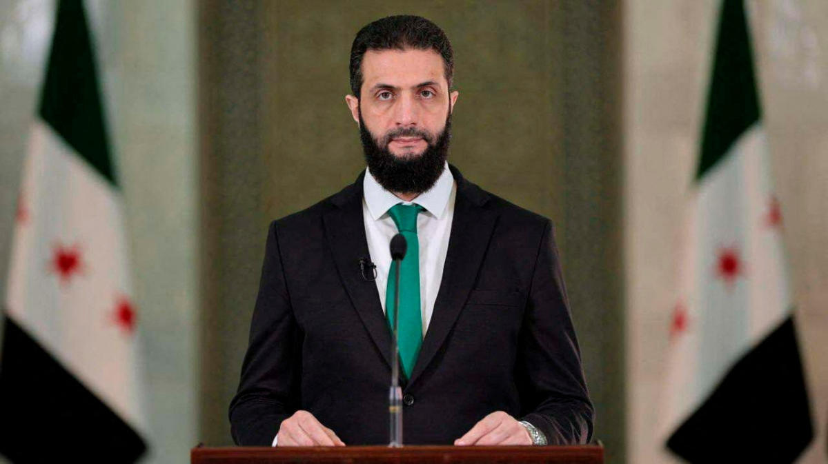Syria’s President Ahmed Al-Sharaa delivers a speech at the Presidential Palace in Damascus, Syria. (Reuters)