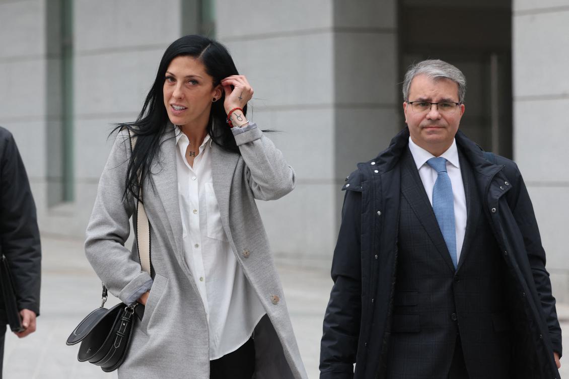 Spain's player Jennifer Hermoso (L) leaves after testifying about Spanish football chief Luis Rubiales kissing her at the Women's World Cup trophy ceremony. (AFP)