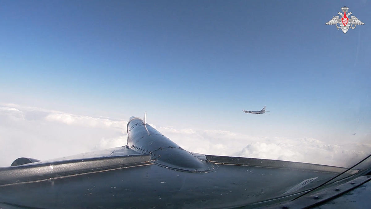 A Russian Tu-95 strategic bomber conducts flight over the neutral waters of the Sea of Okhotsk and Sea of Japan, in this still image from video released Jan. 30, 2025. (Russian Defense Ministry via Reuters)