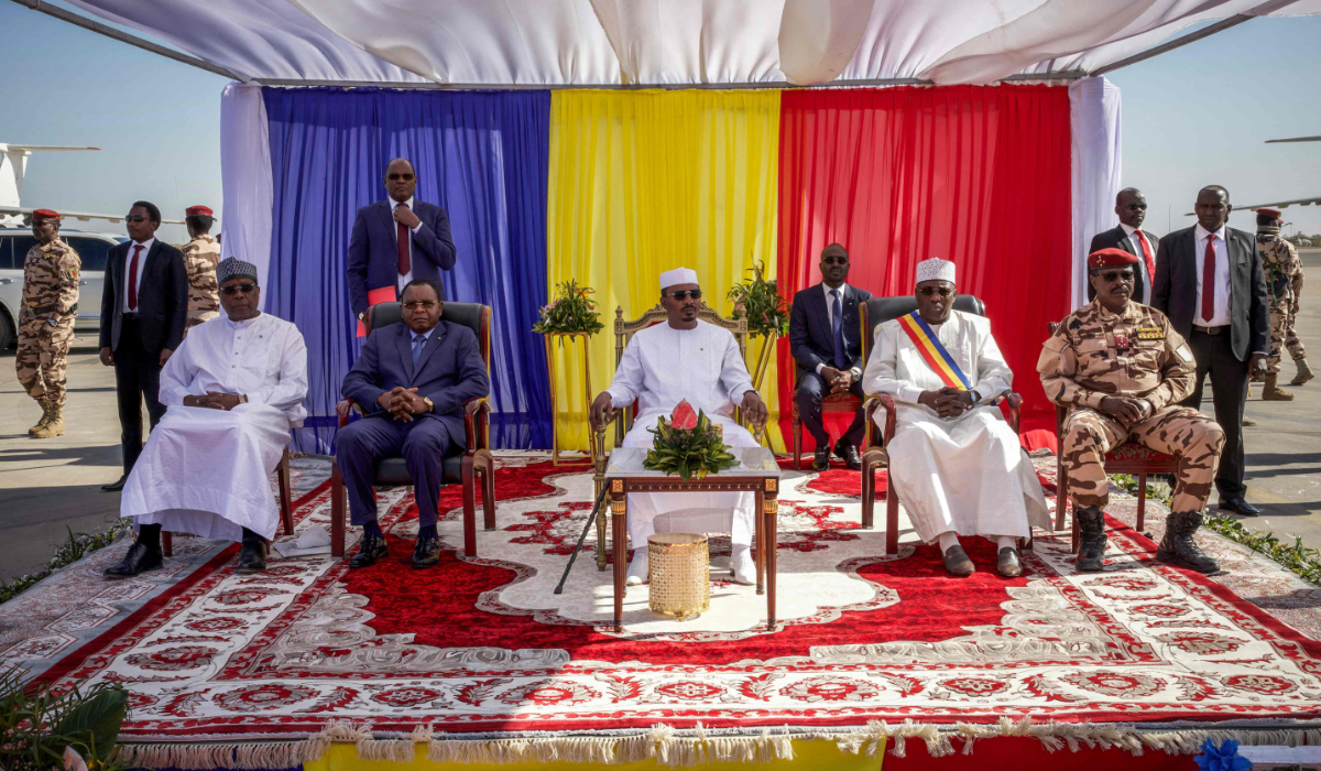 (From L to R) Chadian Foreign Minister Abderraman Koulamallah, Chadian Prime Minister Allamaye Halina, Chadian President Mahamat Idriss Deby, First Vice-President of the National Transition Council Ali Kolotou Tchaimi and Chief of Staff General of the Chadian Armed Forces (CEMGA ) Abakar Abdelkerim Daoud sit as they attend the ceremony marking the end of France’s presence in Chad and the Sahel at the Adji Kossei Air Base in N'Djamena on January 31, 2025. (AFP)