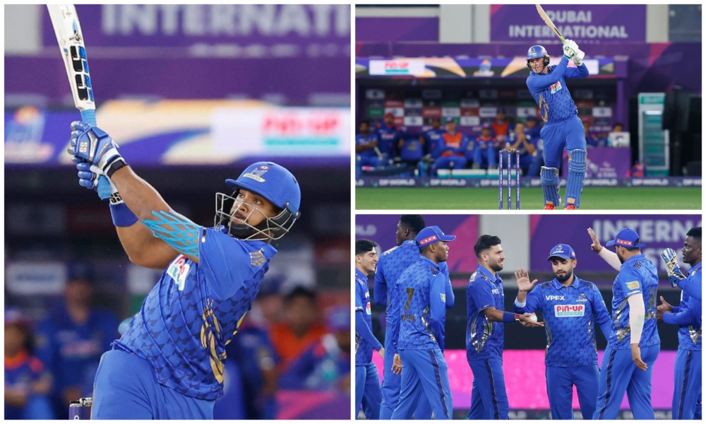 MI Emirates secured a five-wicket victory over the Gulf Giants in the DP World ILT20 at the Dubai International Stadium on Friday, with skipper Nicholas Pooran (L) leading from the front. (ILT20/MI Emirates)
