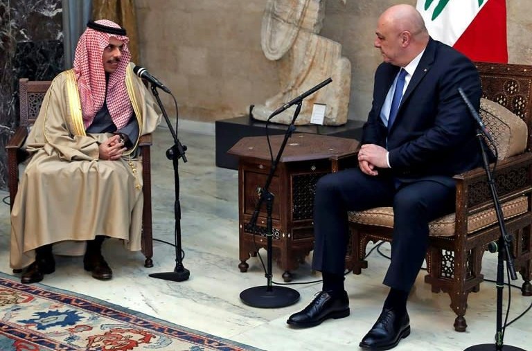 Prince Faisal bin Farhan meets with President Joseph Aoun in Beirut. (AFP)