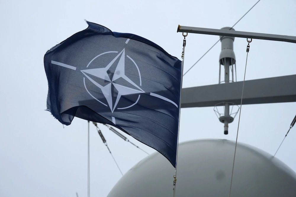 NATO flag flutters on their flagship frigate Tromp, which is part of the Baltic Sentry 2025 mission. (Reuters)