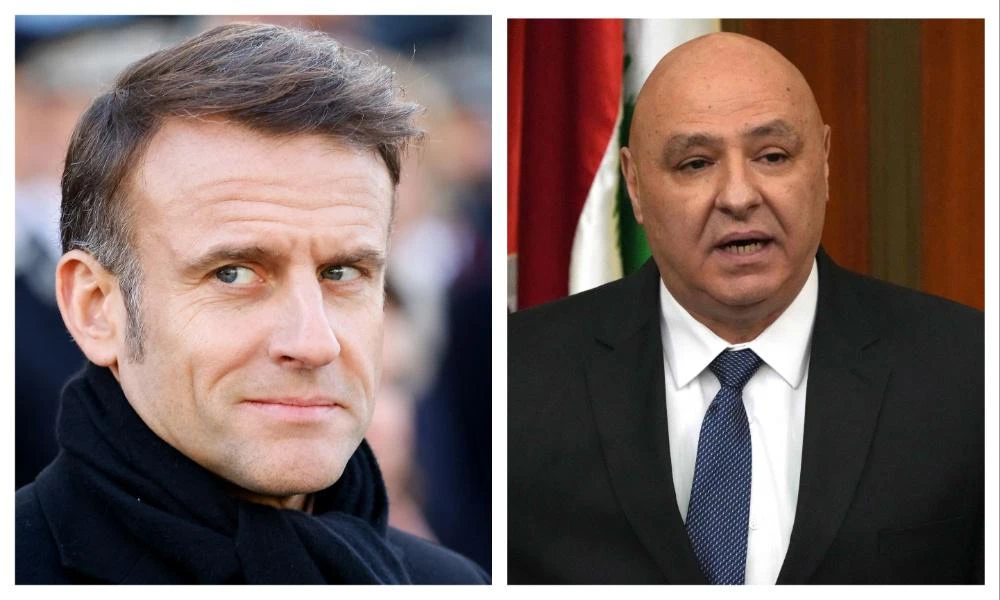 French President Emmanuel Macron and newly elected Lebanese President Joseph Aoun. (AFP)