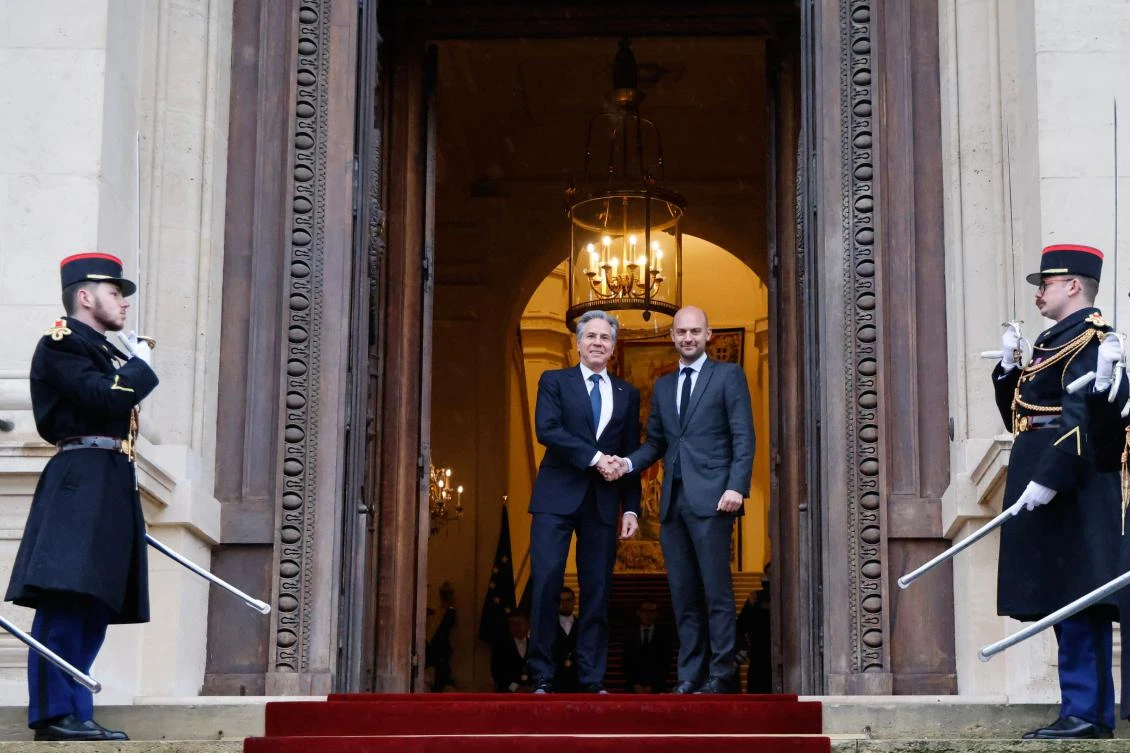 US Secretary of State Antony Blinken is welcomed by French Minister for Europe and Foreign Affairs Jean-Noel Barrot prior to their meeting at the Quai d’Orsay in Paris, on January 8, 2025. (AFP)
