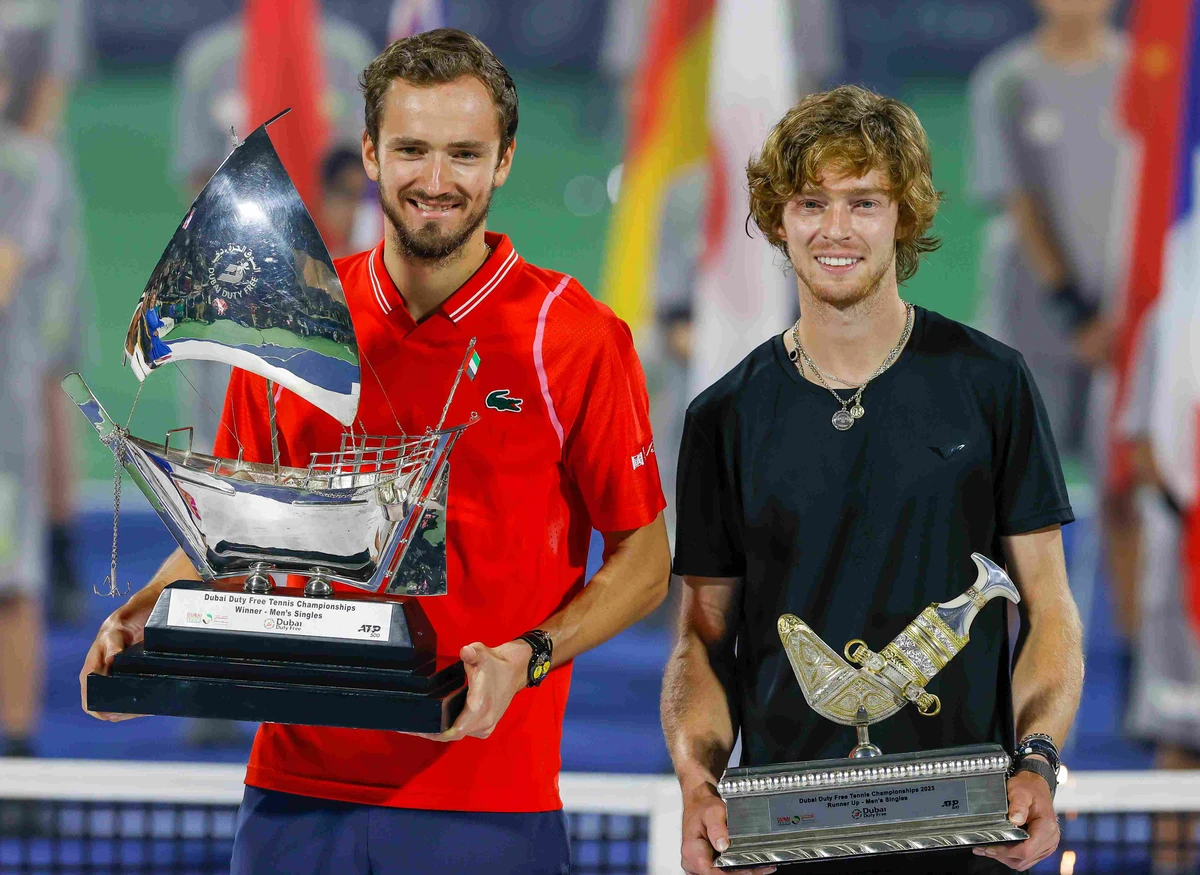Daniil Medvedev (left) beat Andrey Rublev in the final of the 2023 Dubai Duty Free Tennis Championships. (Supplied)
