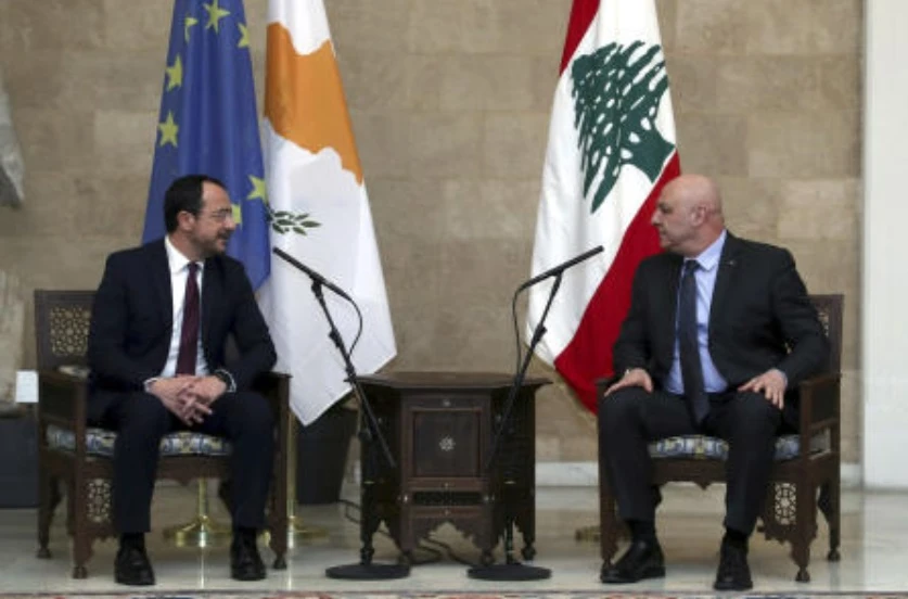 Lebanese president Joseph Aoun, right, meets with his Cypriot counterpart Nikos Christodoulides, at the presidential palace in Baabda, Beirut, Jan. 10, 2025. (AP)