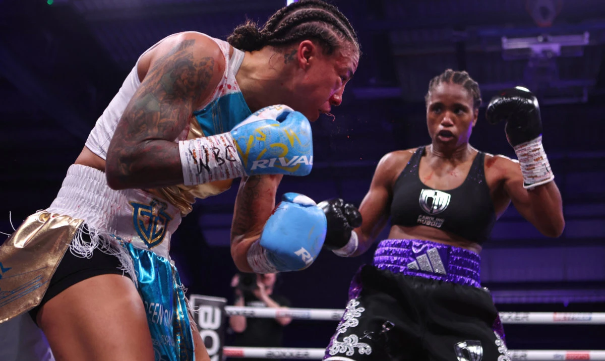 Caroline Dubois (R) in action against Jessica Camara during WBC World Lightweight Title in Canon Medical Arena, Sheffield, Britain on January 11, 2025. (Reuters)