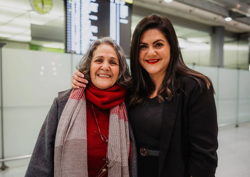 German-Iranian rights activist Nahid Taghavi with her daughter Mariam Claren after she was released from prison in Iran at Cologne-Bonn Airport, Germany, Sunday, Jan. 12, 2025. (AP Photo)