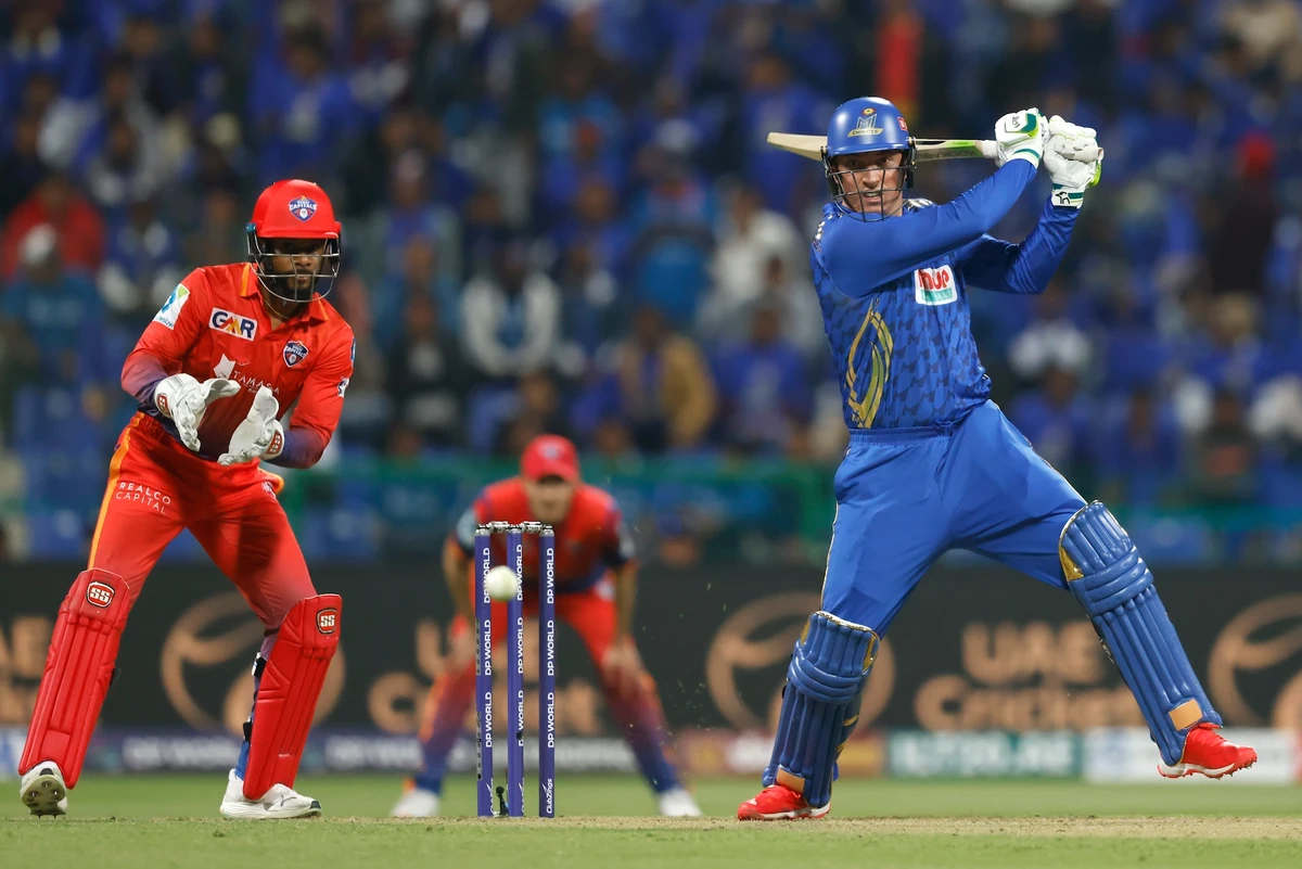 Tom Banton of MI Emirates plays a shot during the match 4 of the DP World ILT20 against Dubai Capitals at the Zayed Cricket Stadium in Abu Dhabi on Mnday night (Deepak Malik/ILT20)
