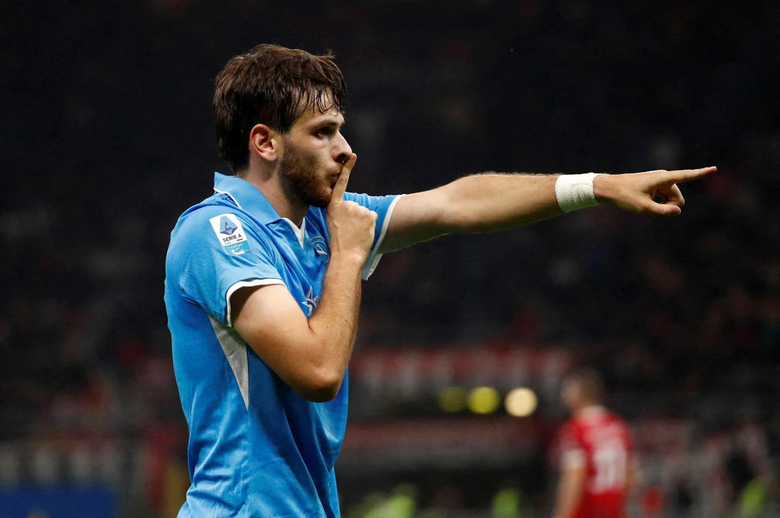 Napoli’s Khvicha Kvaratskhelia celebrates scoring their second goal during their Serie A — match against AC Milan at San Siro, Milan, Oct. 29, 2024. (Reuters/File)