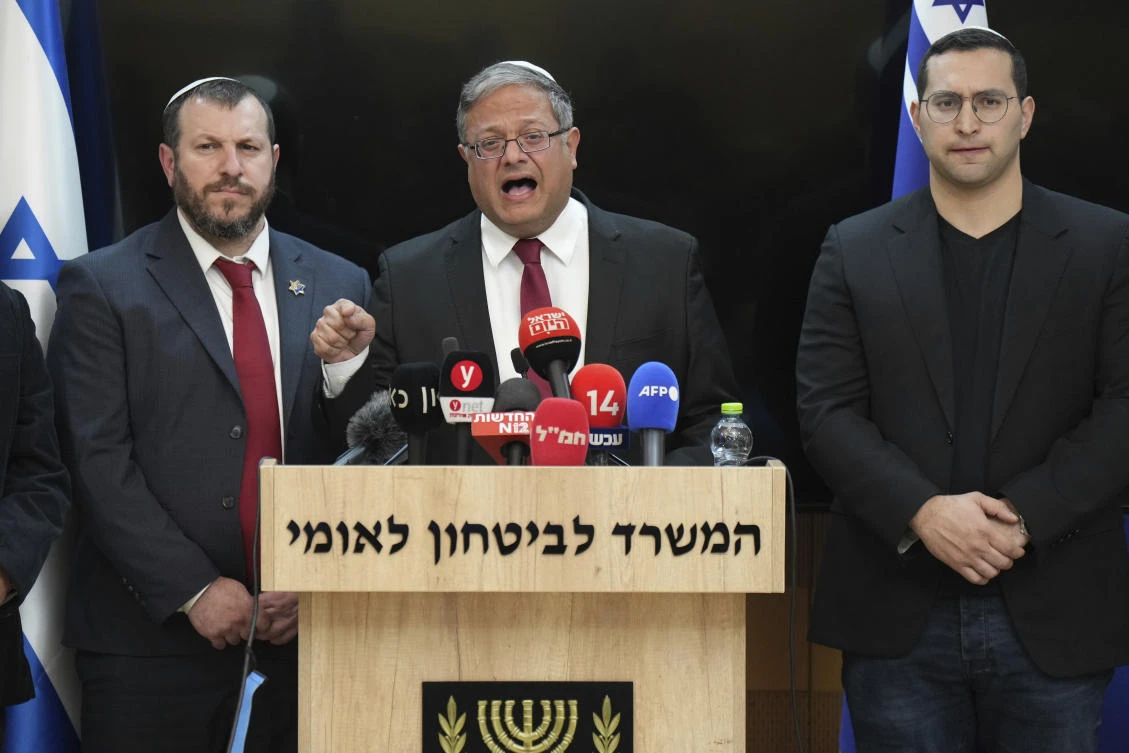 Israel’s National Security Minister Itamar Ben-Gvir, center, said that he will quit if Israel approves a ceasefire in Gaza, Jerusalem, Thursday, Jan. 16, 2025. (AP Photo)