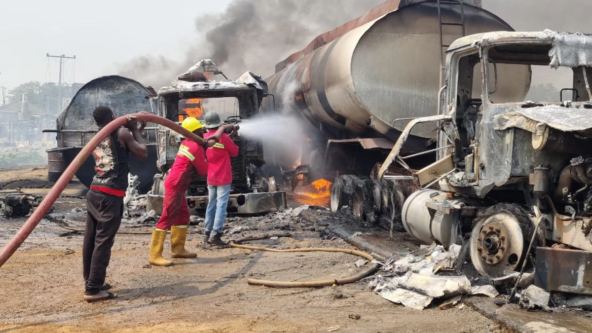 Firefighters extinguish fire from a tanker that exploded in Suleja, Nigeria, Saturday, Jan. 18, 2025. (AP)