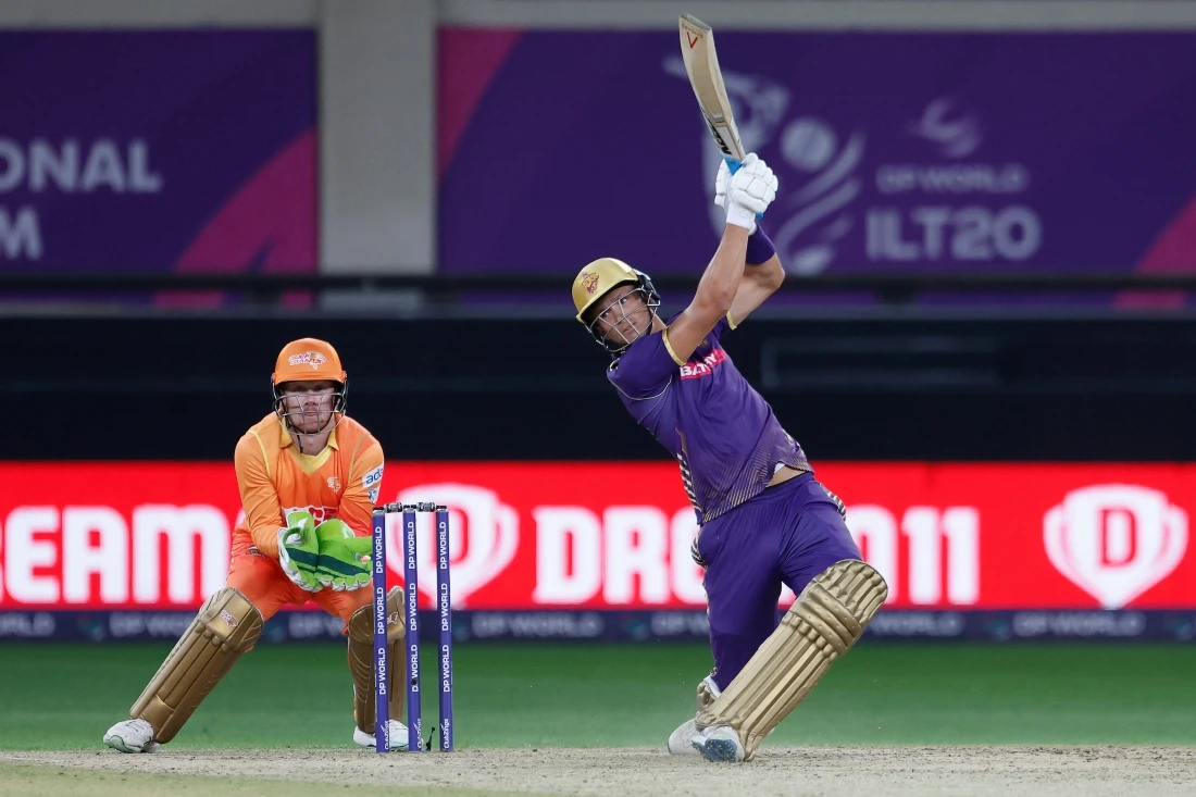 Player of the Match Michael Pepper of Abu Dhabi Knight Riders plays a shot during the DP World ILT20 win over Gulf Giants at the Dubai International Cricket Stadium. (Pankaj Nangia/ILT20)