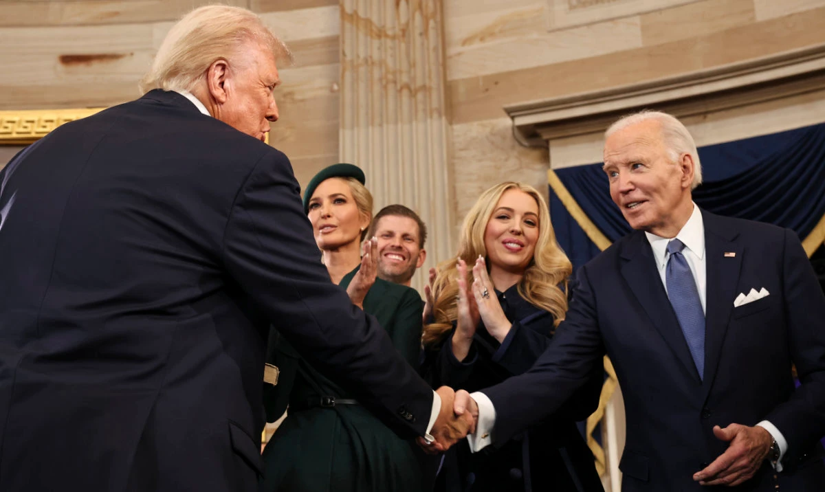 President Donald Trump shakes hands with former President Joe Biden during the 60th Presidential Inauguration in the Rotunda of the US Capitol in Washington, Monday, Jan. 20, 2025. (AP)