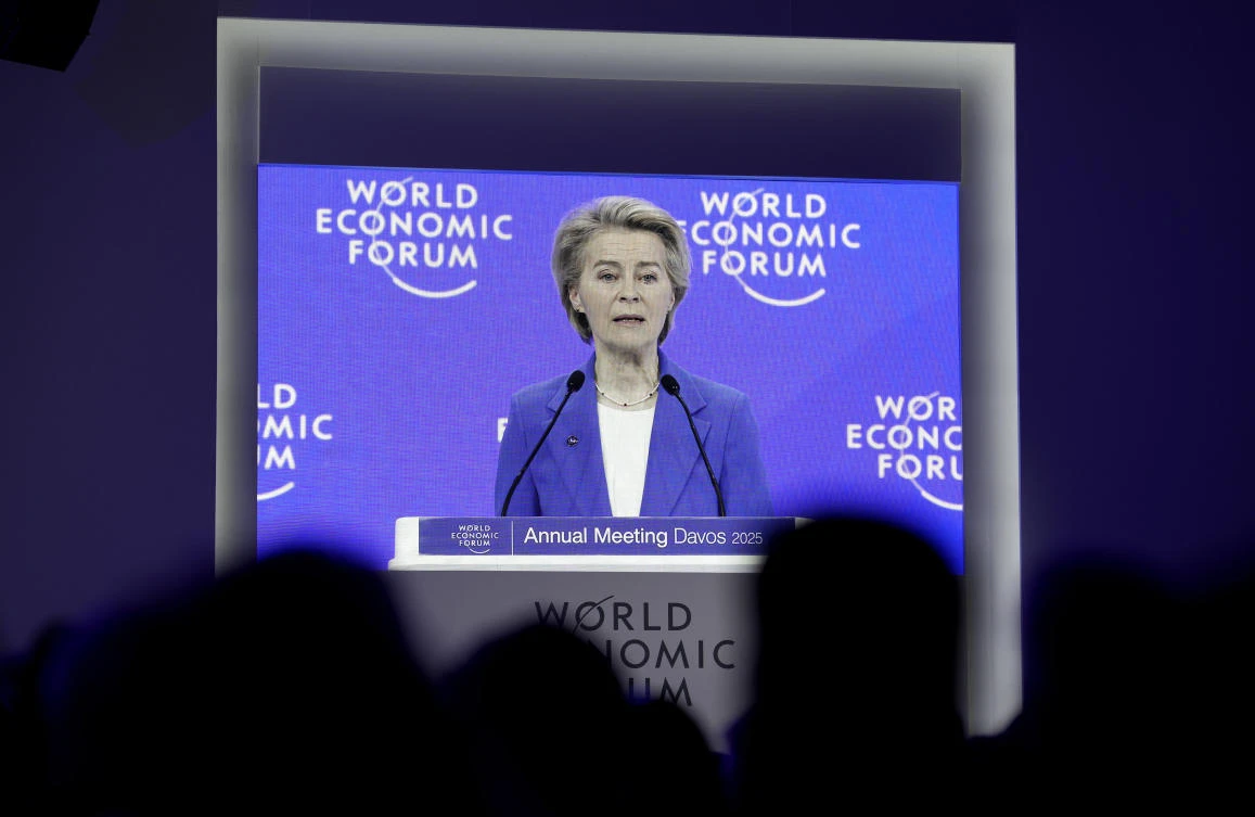 Ursula von der Leyen, President of the European Commission, appears on a screen as she speaks at the Annual Meeting of World Economic Forum in Davos, Switzerland, Tuesday, Jan. 21, 2025. (AP)