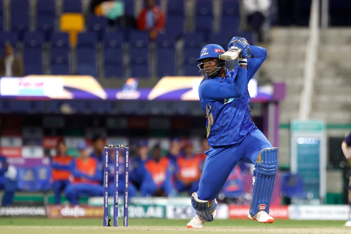 Romario Shepherd of MI Emirates plays a shot during the the DP World ILT20 win over the Abu Dhabi Knight Riders at the Zayed Cricket Stadium in Abu Dhabi (CREIMAS/ILT20)