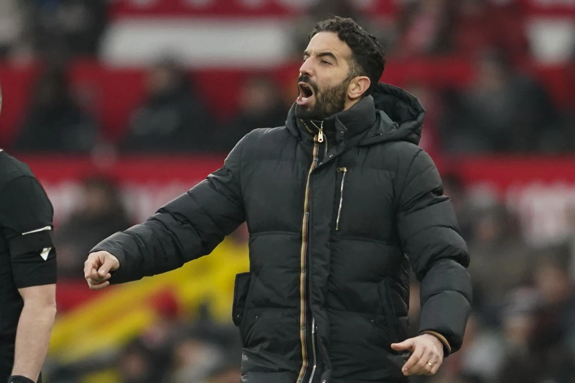 Manchester United’s head coach Ruben Amorim follows the game during their English Premier League match against Brighton and Hove Albion, at the Old Trafford stadium in Manchester, Jan. 19, 2025. (AP)