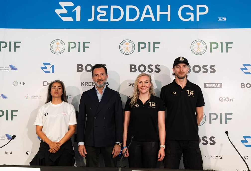 Rodi Basso, CEO of E1 series, Mashael Al Obaidan, a Saudi member of Team OK, and 2024’s champions from Team Brady, Sam Coleman and Emma Kimilainen, featured at a conference ahead of E1 Electric Boat World Championship scheduled in Jeddah on Jan. 24-25. (Supplied)