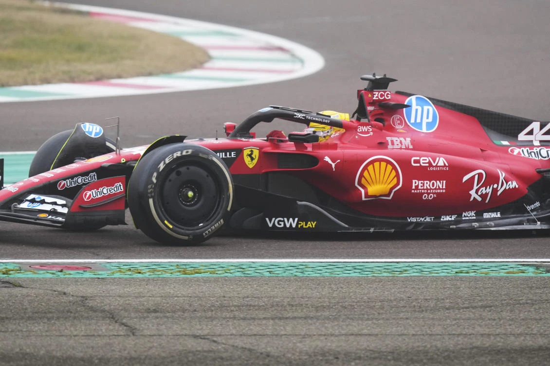 British driver Lewis Hamilton steers a Ferrari Formula One SF-23 at the Ferrari private test track, in Fiorano Modenese, Italy, Jan. 22, 2025. (AP)