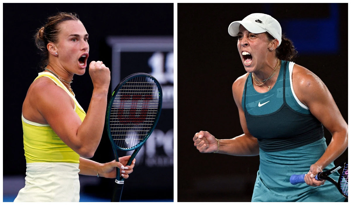 A combination picture shows Belarus’ Aryna Sabalenka during her quarterfinal match against Russia’s Anastasia Pavlyuchenkova, and Madison Keys of the US during her semifinal match against Poland’s Iga Swiatek ahead of their Australian Open final match. (Reuters)