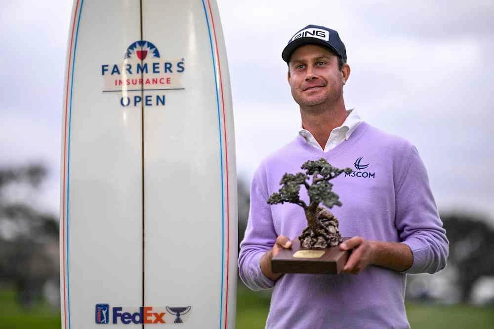 Harris English with the trophy after winning the Farmers Insurance Open 2025 at Torrey Pines Golf Course on Jan. 25, 2025 in La Jolla, California. (Getty Images via AFP)
