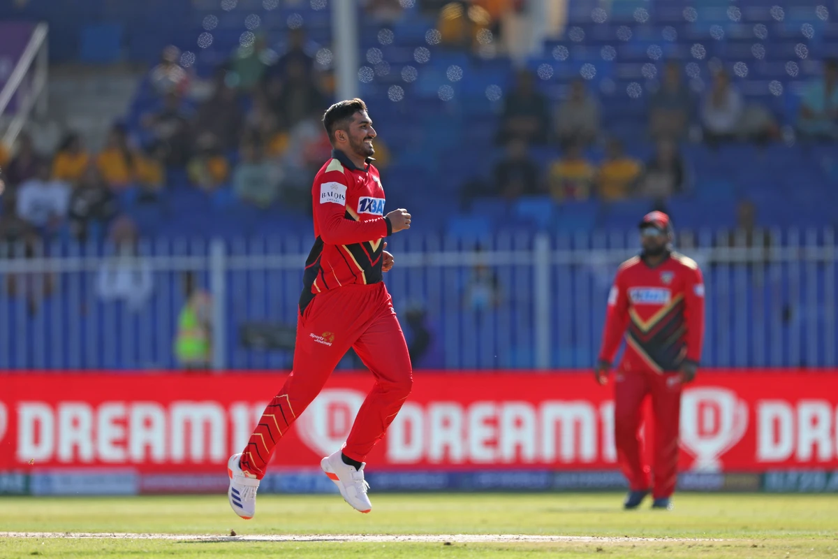 Player of the match Khuzaima Bin Tanveer of Desert Vipers celebrates the wicket of Tim Southee in the DP World ILT20 win over Sharjah Warriorz at the Sharjah Cricket Stadium. (CREIMAS/ILT20)