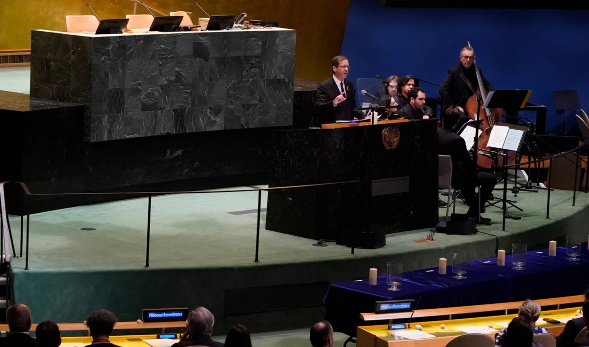 Israeli President Isaac Herzog speaks during a ceremony at the United Nations to mark International Holocaust Remembrance Day, at UN headquarters in New York City on January 27, 2025. (AFP)