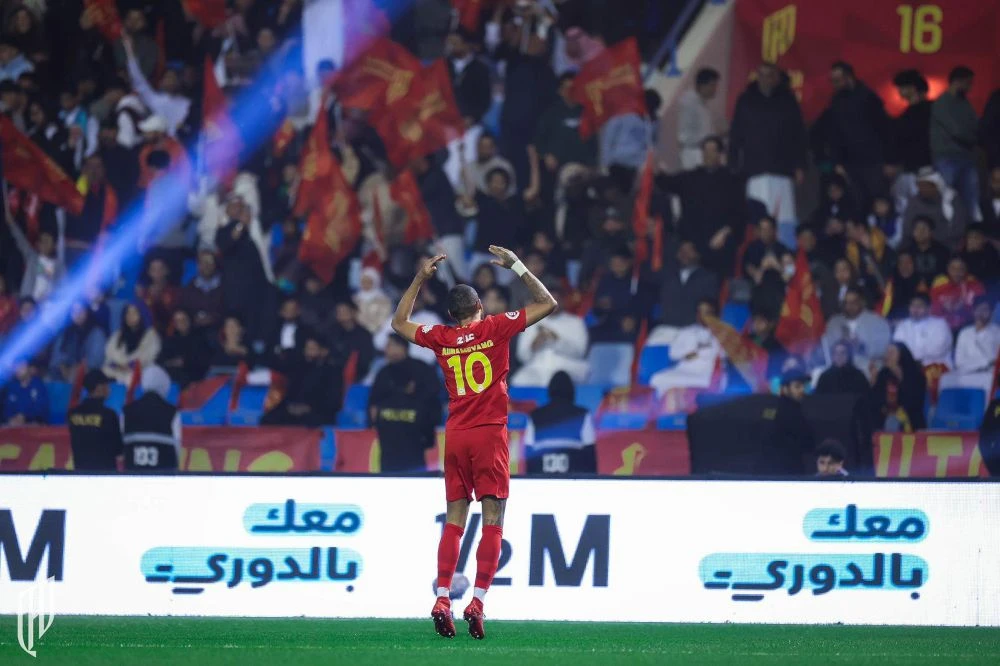 Al-Qadsiah’s Pierre-Emerick Aubameyang celebrates scoring against Al-Hilal on Monday night. (X/@AlQadsiahEN)