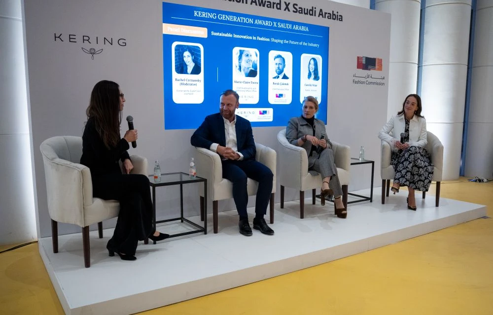 Burak Cakmak, Marie-Claire Daveu and Carolin Wais, Partner at Plug and Play, take part in a panel discussion on Sustainable Innovation in Fashion. (AN Photo/Loai Elkelawy)