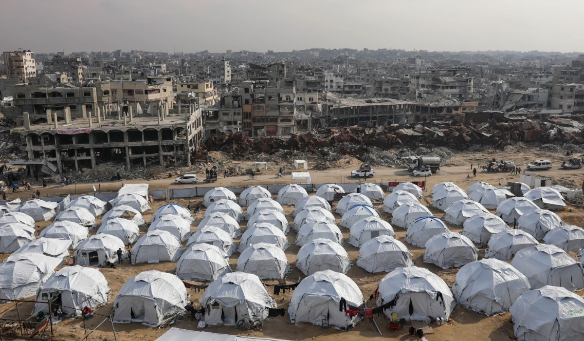A tent camp for displaced Palestinians is set up amid destroyed buildings in Shijaiyah neighbourhood, Gaza City, Tuesday, Jan. 28, 2025. (AP)