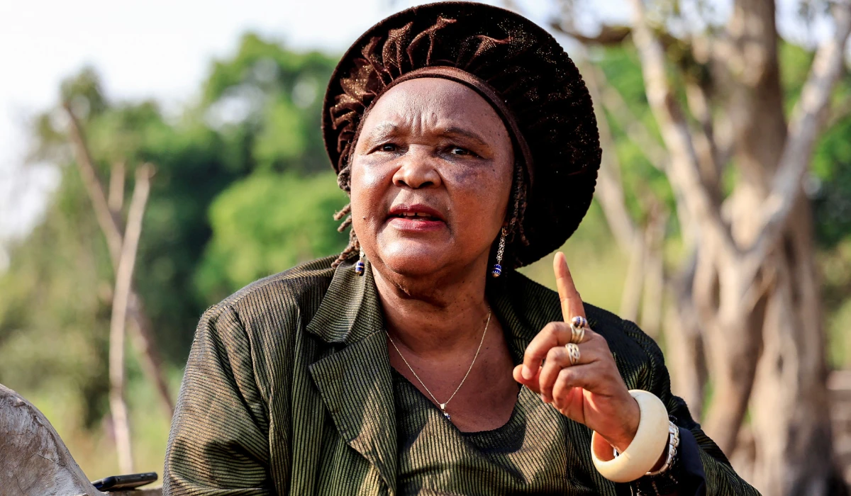 Noelle Louise Mekah Fossi, 71, reacts near the Metche Falls where her father Jacob Fossi (unseen), a pro-independence and nationalist activist was murdered, in Bafoussam on January 25, 2025. (AFP)