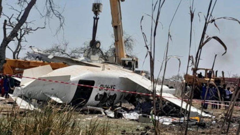 The wreckage of a plane that crashed, killing 18 people as it was heading to the capital Juba, at the Unity oilfield airport, Unity State, South Sudan, Jan. 29, 2025. (Reuters)