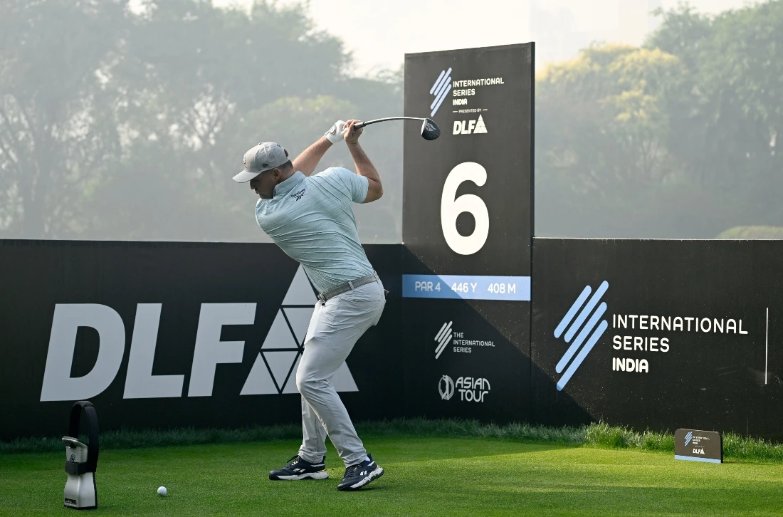 Bryson DeChambeau pictured on the sixth tee at DLF Golf and Country Club ahead of International Series India, the first of 10 events on The International Series in 2025. (Paul Lakatos/Asian Tour)