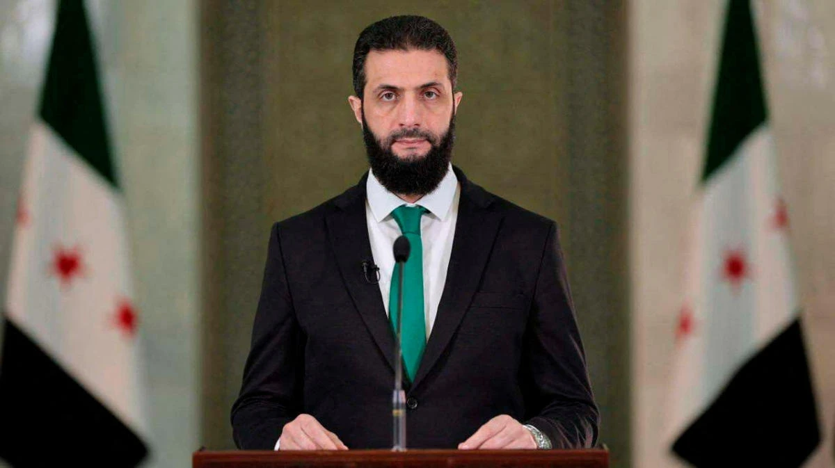 Syria’s President Ahmed Al-Sharaa delivers a speech at the Presidential Palace in Damascus, Syria. (Reuters)