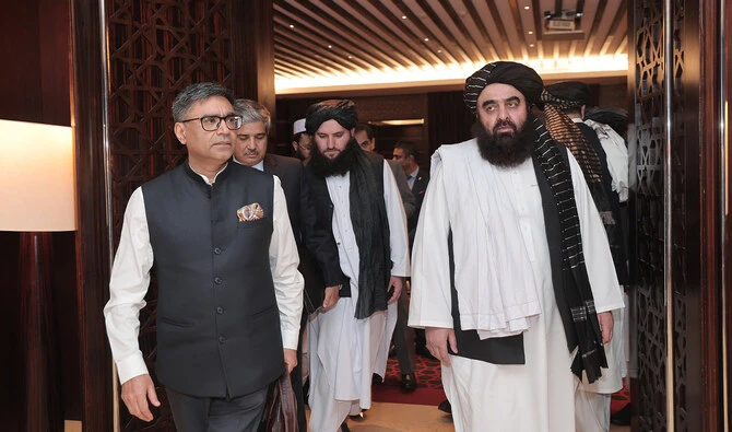 India’s Foreign Secretary Vikram Misri, left, meets his Afghan counterpart Amir Khan Muttaqi in Dubai. (X: @MEAIndia)