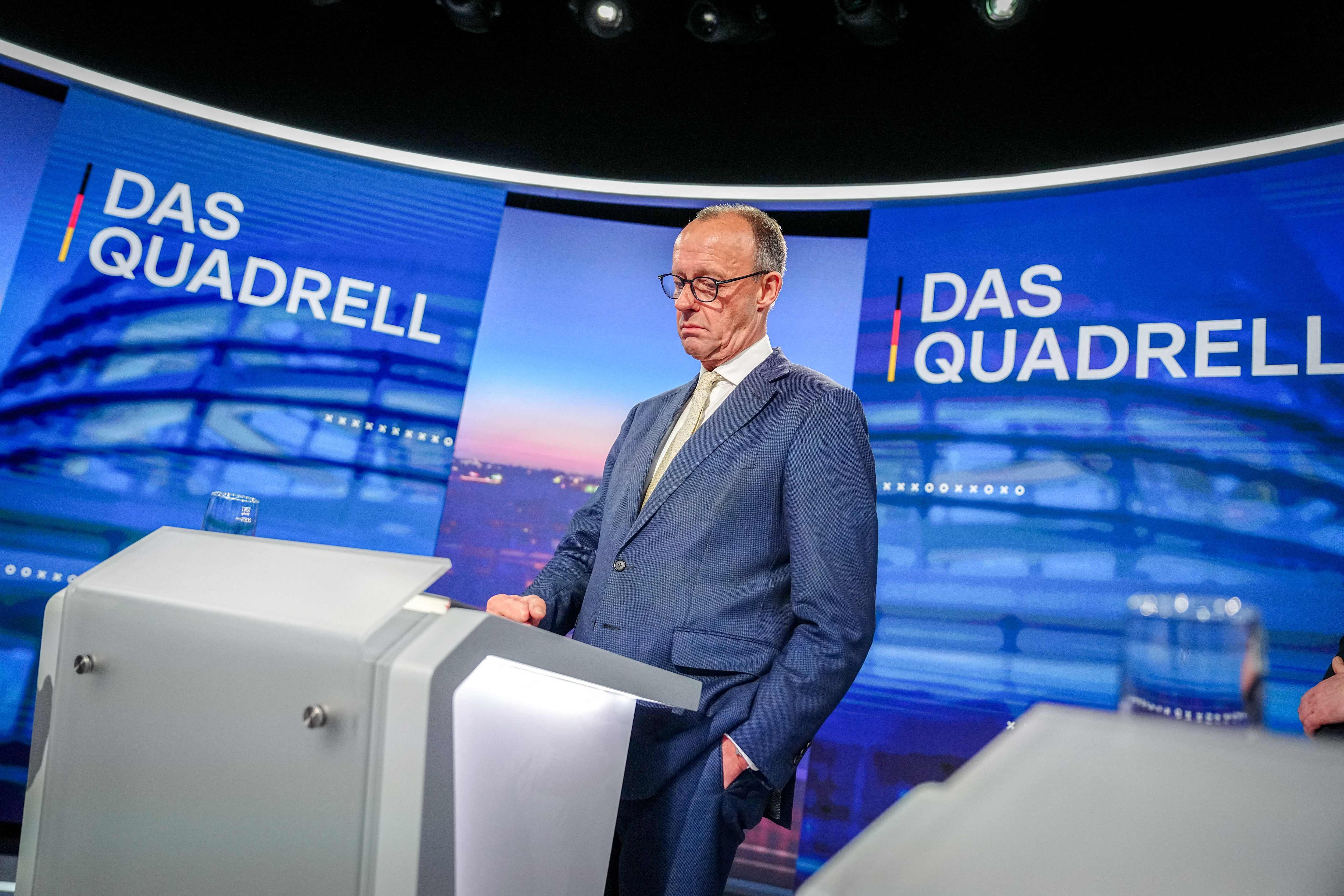 Friedrich Merz, main candidate and chairman of CDU, visits the studio before a TV debate in Berlin on February 16, 2025. (AFP)