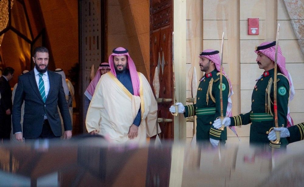 Ahmad Al-Sharaa meets with Crown Prince Mohammed bin Salman, in Riyadh, Saudi Arabia, Feb. 2, 2025. (Reuters)