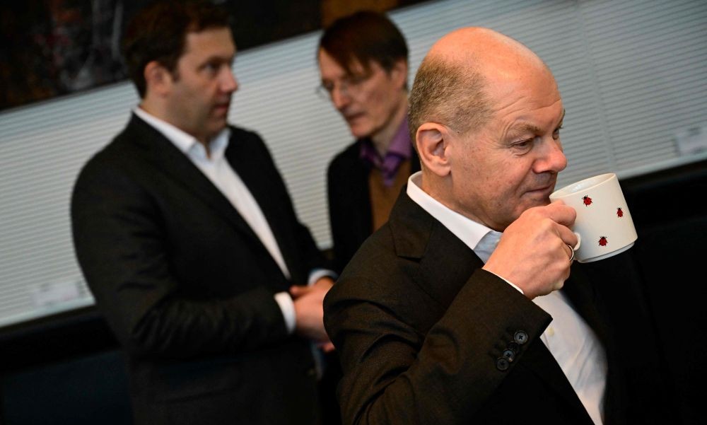 Olaf Scholz, Lars Klingbeil, left, and Karl Lauterbach at the SPD’s first post-electoral meeting, Berlin, Feb. 25, 2025. (AFP)